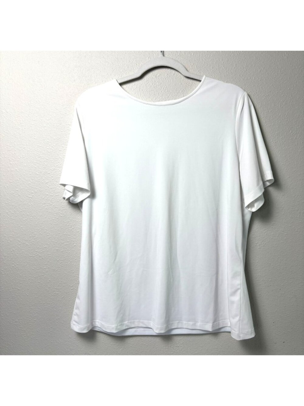 Susan Graver Essentials Liquid Knit Top Size L‎ White Lined Short Sleeve Stretch